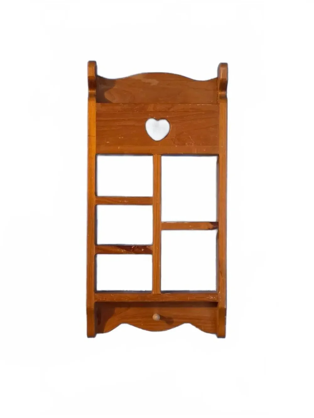 Vintage Pine Wood Wall Cubby Shelf Heart Cutout 5 Compartments Farmhouse